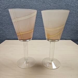 Lot of 4 Vintage Art Deco Wine Glasses Soft Brown Colors Geometric 8 1/4" Tall